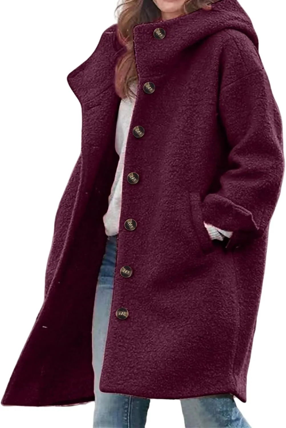 Hooded Coat for Women Trendy Casual Winter Warm Wool Blend Coats Oversized Single Breasted Pea Coat Outerwear