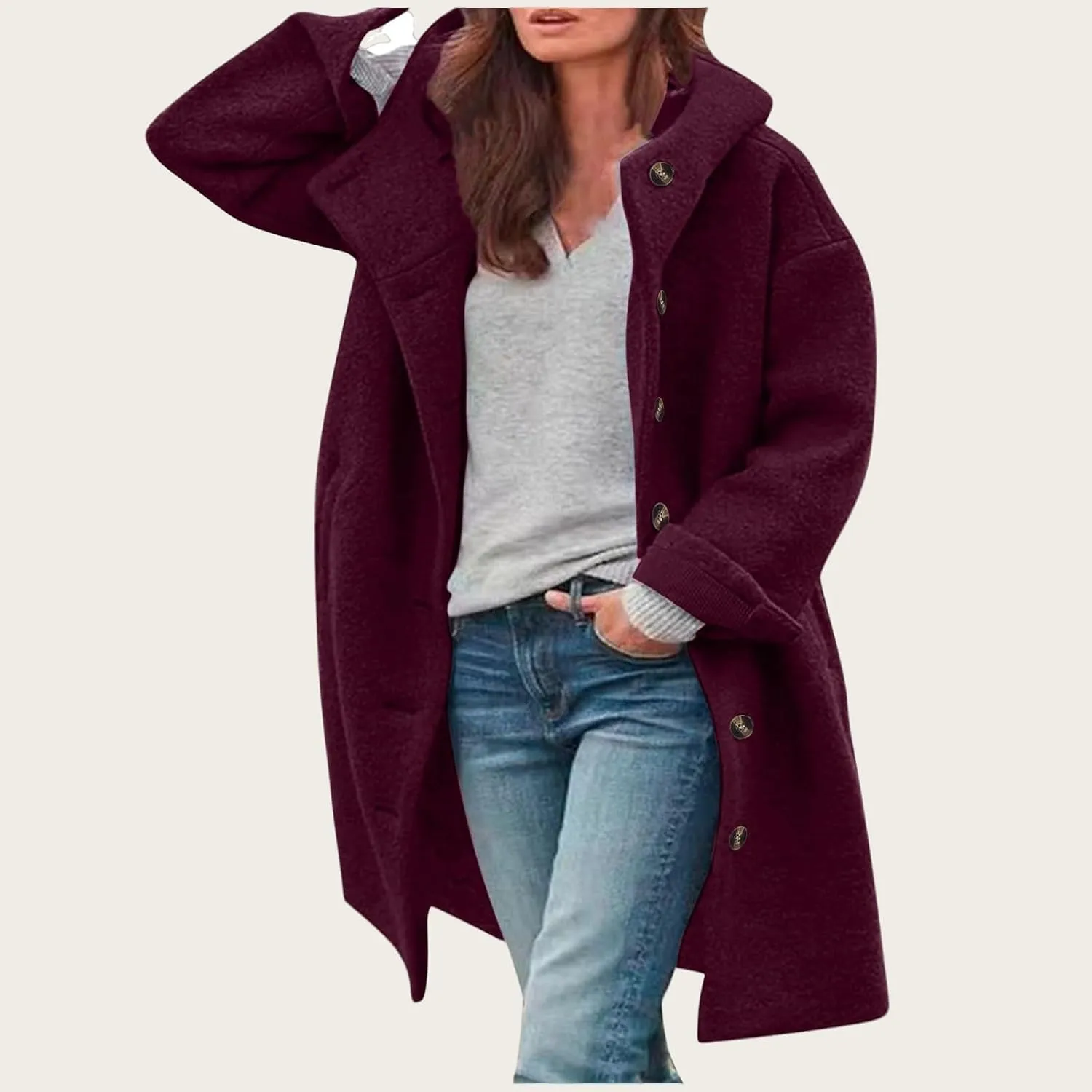 Hooded Coat for Women Trendy Casual Winter Warm Wool Blend Coats Oversized Single Breasted Pea Coat Outerwear