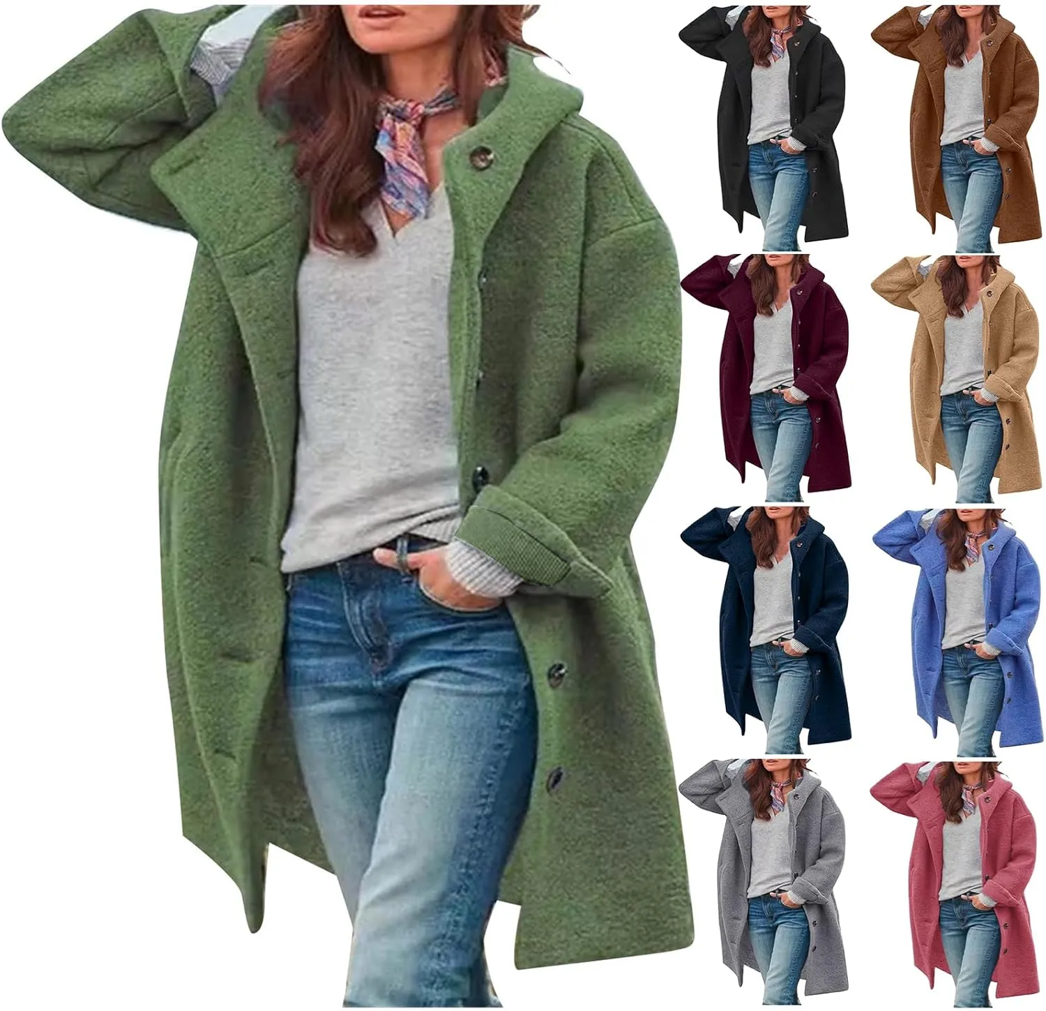 Hooded Coat for Women Trendy Casual Winter Warm Wool Blend Coats Oversized Single Breasted Pea Coat Outerwear
