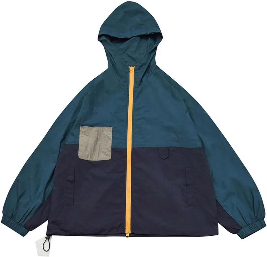 Hooded Jackets Men Windbreaker Patchwork Streetwear Casual Thin Jacket Loose Zipper Outerwear