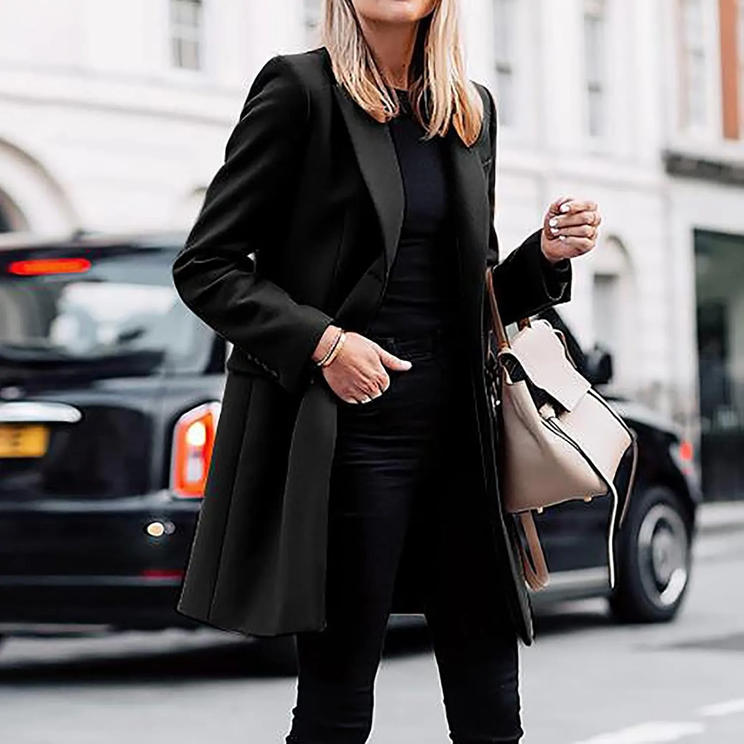 Hvyesh Women's Long Wool Blend Pea Coat Winter Casual Overcoat Notched Lapel Collar Trench Coat Belted Long Jacket Outerwear