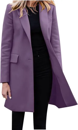 Hvyesh Women's Long Wool Blend Pea Coat Winter Casual Overcoat Notched Lapel Collar Trench Coat Belted Long Jacket Outerwear