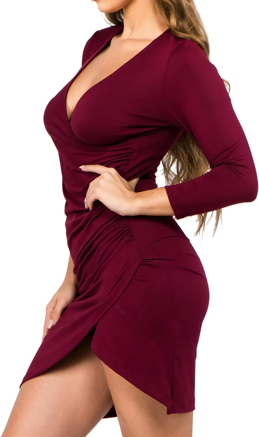 ICONOFLASH Women's Faux Wrap Ruched Bodycon Mini Dresses V-Neck Short Sleeve Tulip Dress