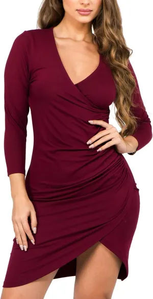 ICONOFLASH Women's Faux Wrap Ruched Bodycon Mini Dresses V-Neck Short Sleeve Tulip Dress