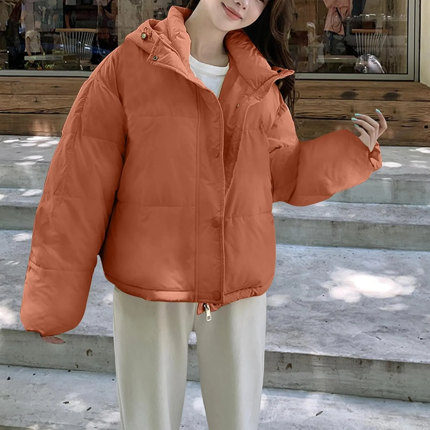 Jackets for Women Fashion Loose Hooded Puffer Jackets Winter Windproof Warm down Jackets Lightweight Quilted Coats