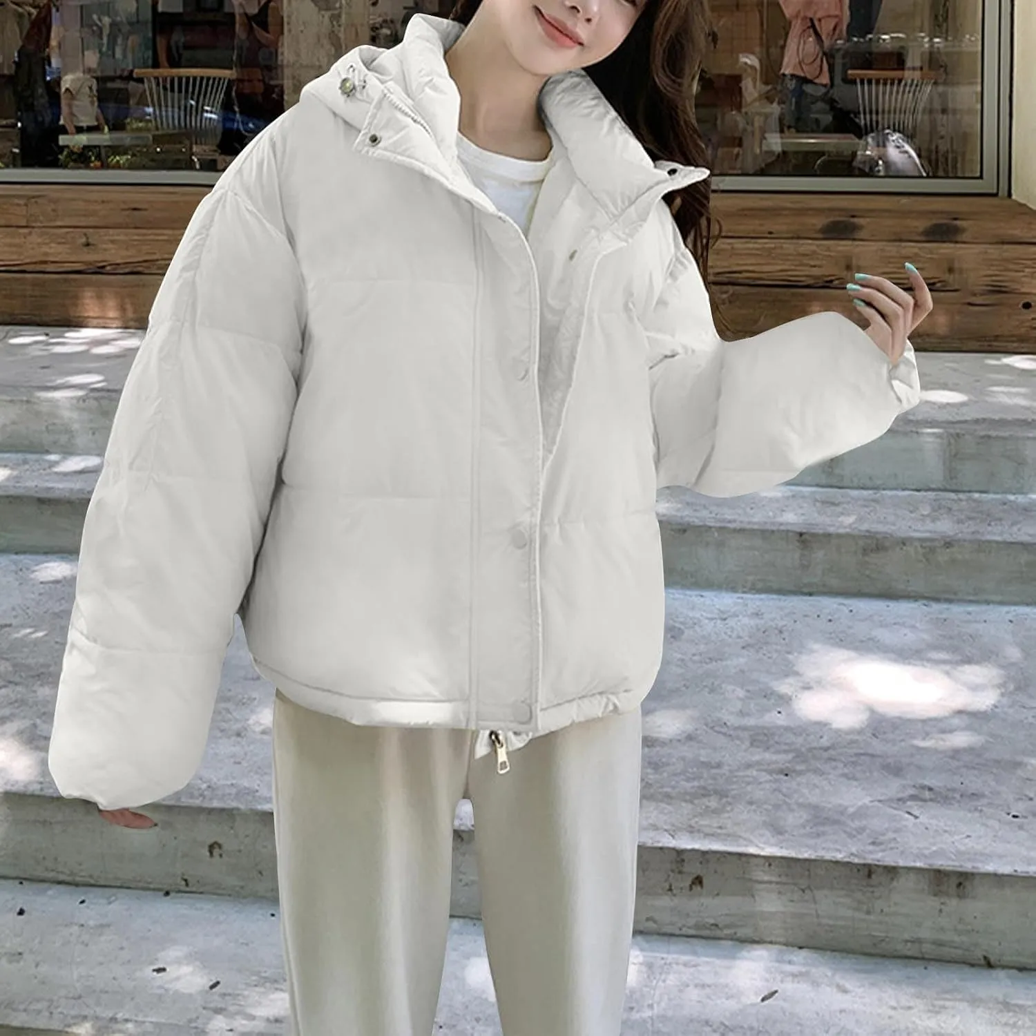 Jackets for Women Fashion Loose Hooded Puffer Jackets Winter Windproof Warm down Jackets Lightweight Quilted Coats