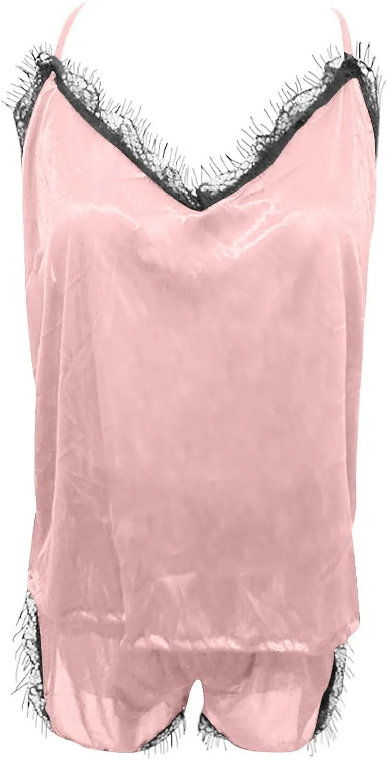 JOAU 2 Piece Pjs Women Sleepwear Lace Trim Pajamas Set V Neck Camisole Top and Drawstring Short Nightwear Sets Loungewear