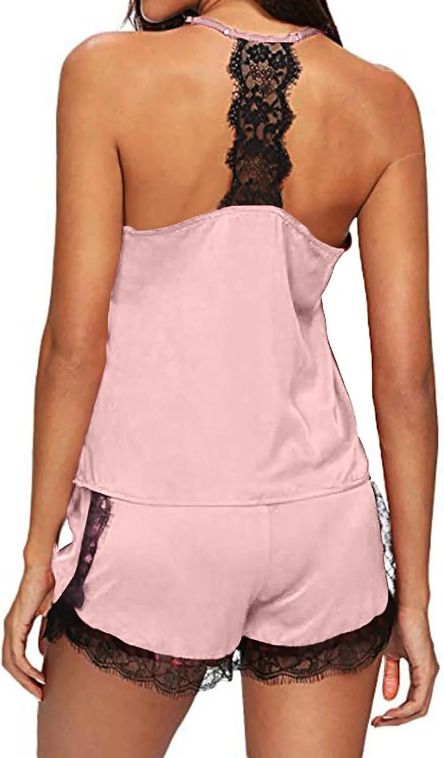 JOAU 2 Piece Pjs Women Sleepwear Lace Trim Pajamas Set V Neck Camisole Top and Drawstring Short Nightwear Sets Loungewear