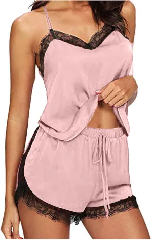 JOAU 2 Piece Pjs Women Sleepwear Lace Trim Pajamas Set V Neck Camisole Top and Drawstring Short Nightwear Sets Loungewear