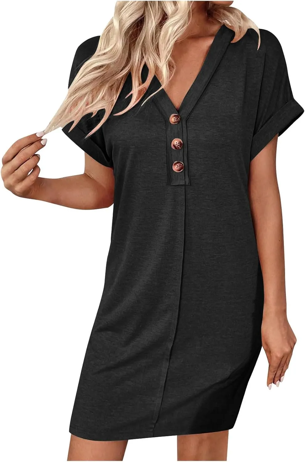 JOAU Womens Casual Shirt Dress Rolled Short Sleeve Solid Button Down Shift Summer Dresses Beach Vacation V Neck Mini Dress