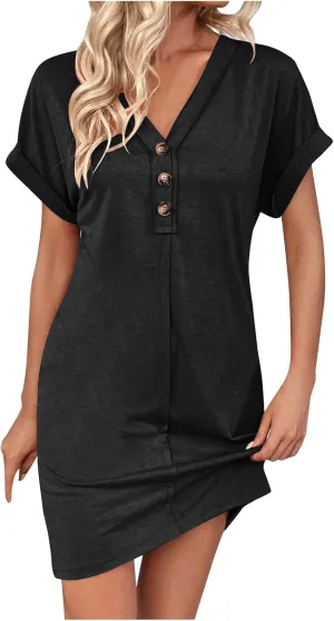 JOAU Womens Casual Shirt Dress Rolled Short Sleeve Solid Button Down Shift Summer Dresses Beach Vacation V Neck Mini Dress