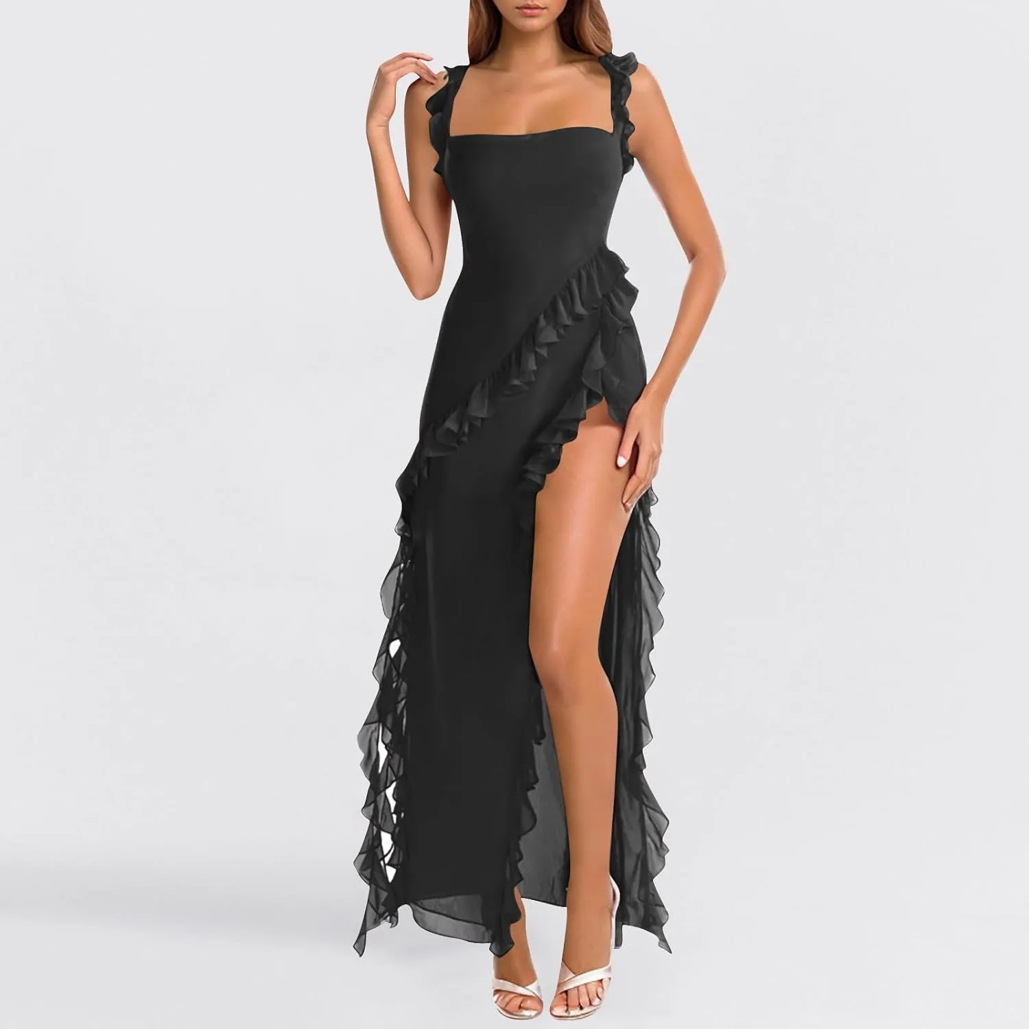JOAU Womens Spaghetti Strap High Slit Ruffle Bodycon Maxi Dress Square Neck Backless Cocktail Party Evening Prom Dresses