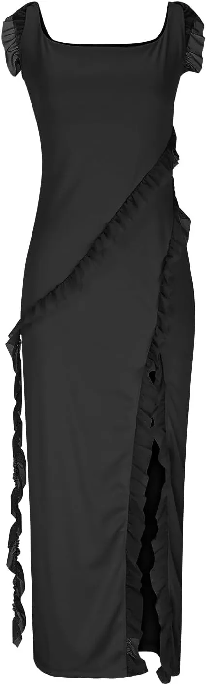 JOAU Womens Spaghetti Strap High Slit Ruffle Bodycon Maxi Dress Square Neck Backless Cocktail Party Evening Prom Dresses