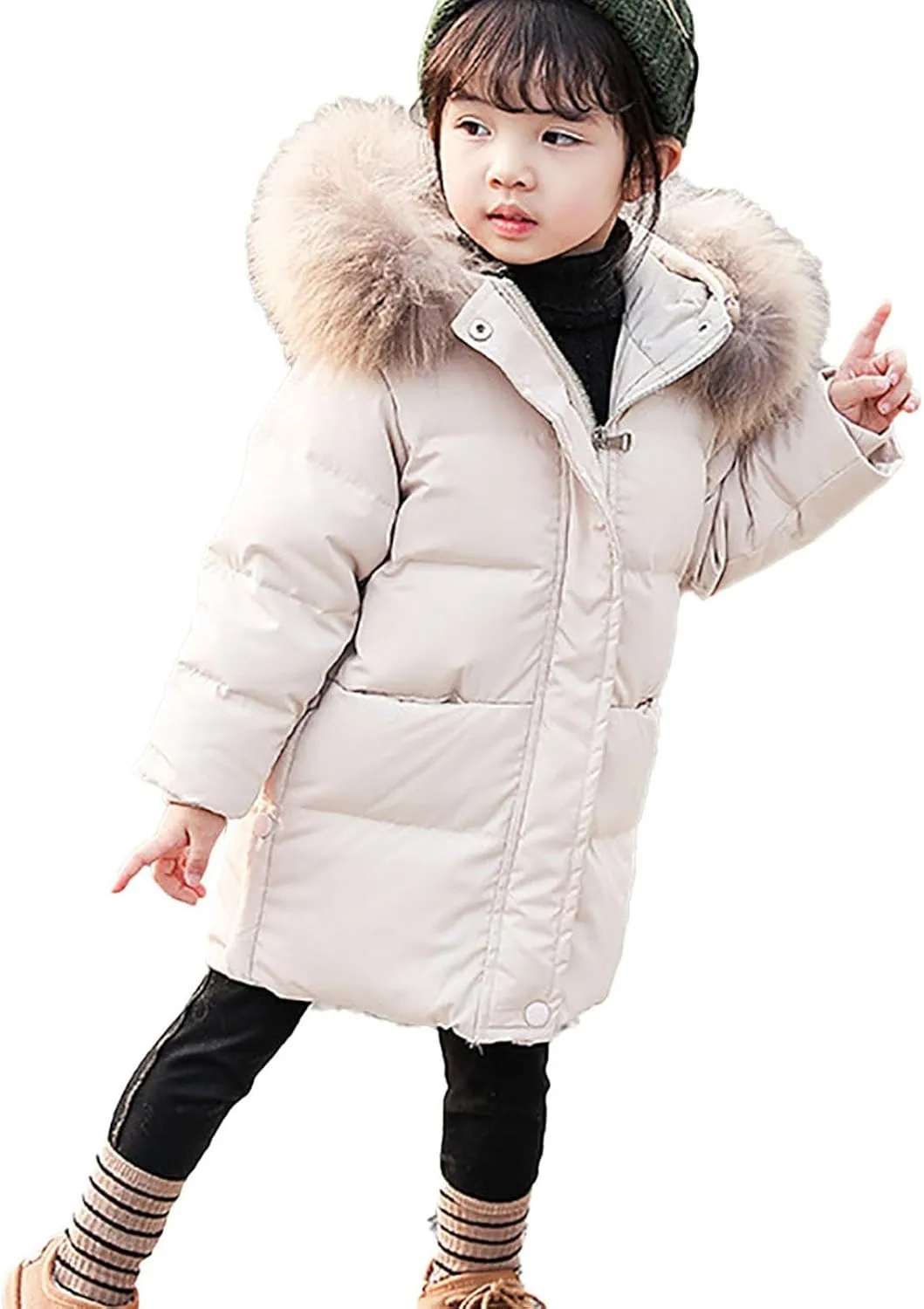 KAGAYD Baby Boy Winter Coat Toddler Kids Girl Hooded Zip-up Puffer Jacket Furry Collar Down Outerwear