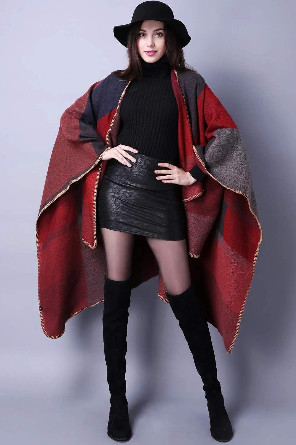 KirGiabo Women's Plaid Sweater Poncho Cape Coat Open Front Blanket Shawls and Wraps