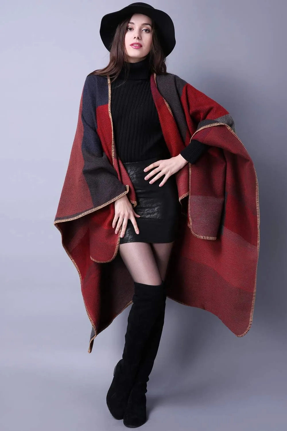 KirGiabo Women's Plaid Sweater Poncho Cape Coat Open Front Blanket Shawls and Wraps