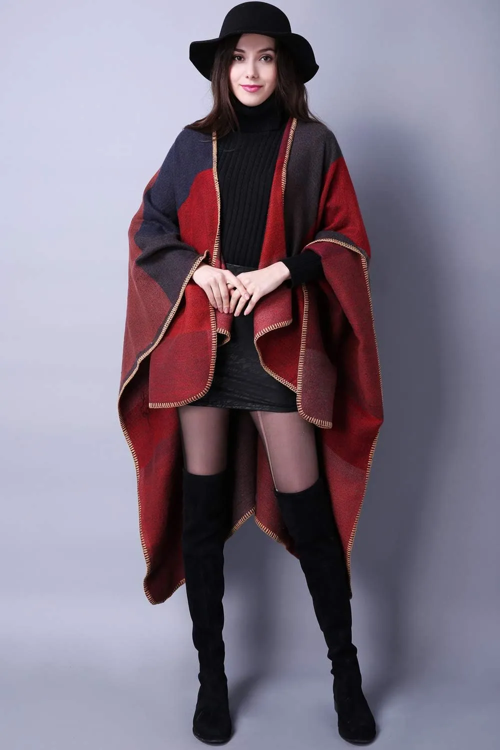 KirGiabo Women's Plaid Sweater Poncho Cape Coat Open Front Blanket Shawls and Wraps