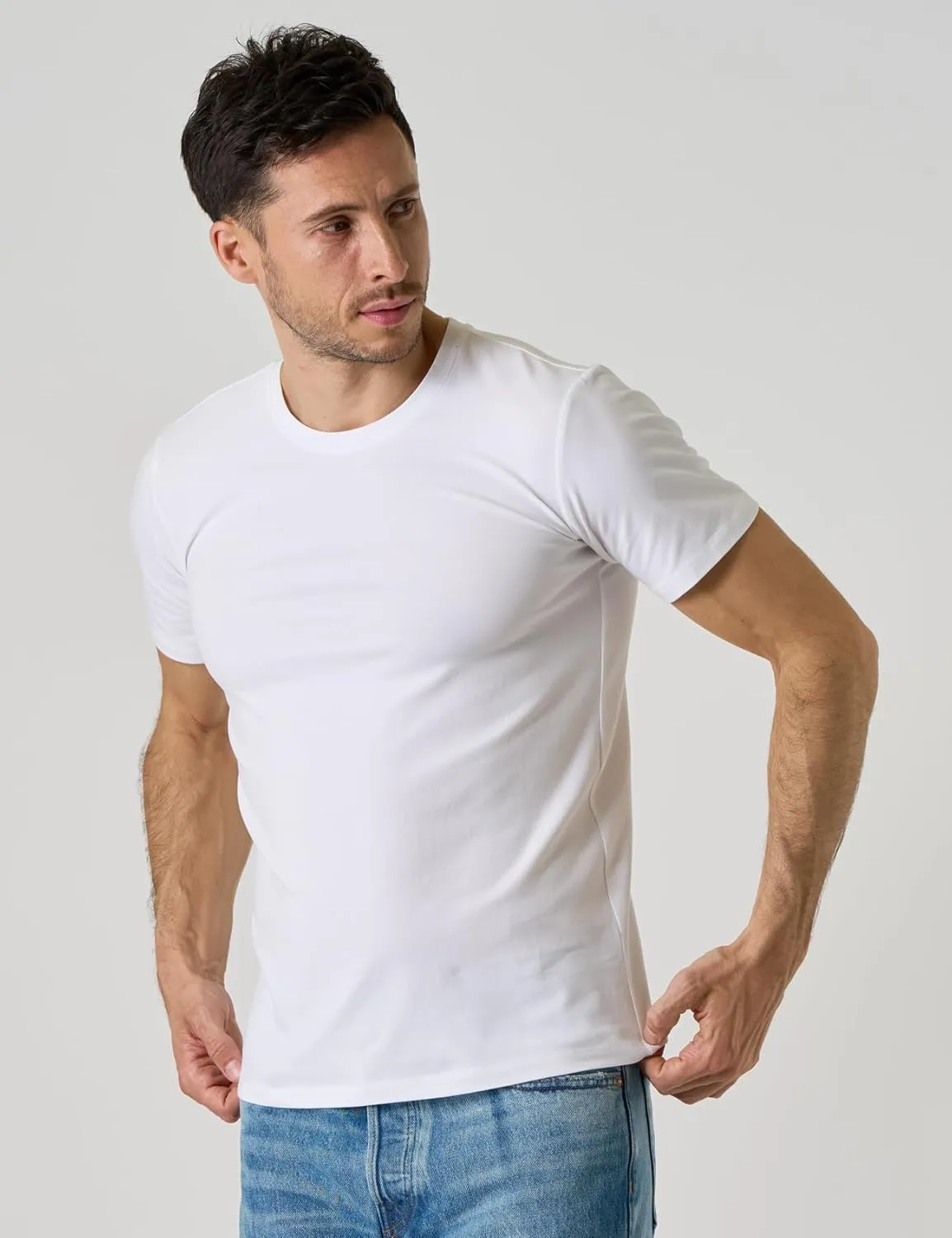 LAPASA Mens Cotton T-Shirt 3 Pack Stretch Solid Plain Short Sleeve Tag-Free Crew & V Neck Regular-Fit Soft M05/M06