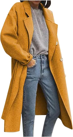 Lmdudan Women's Classic Notched Collar Open Front Cardigan Wool Blend Warm Long Trench Coat Lightweight Fall Outdoor Coats