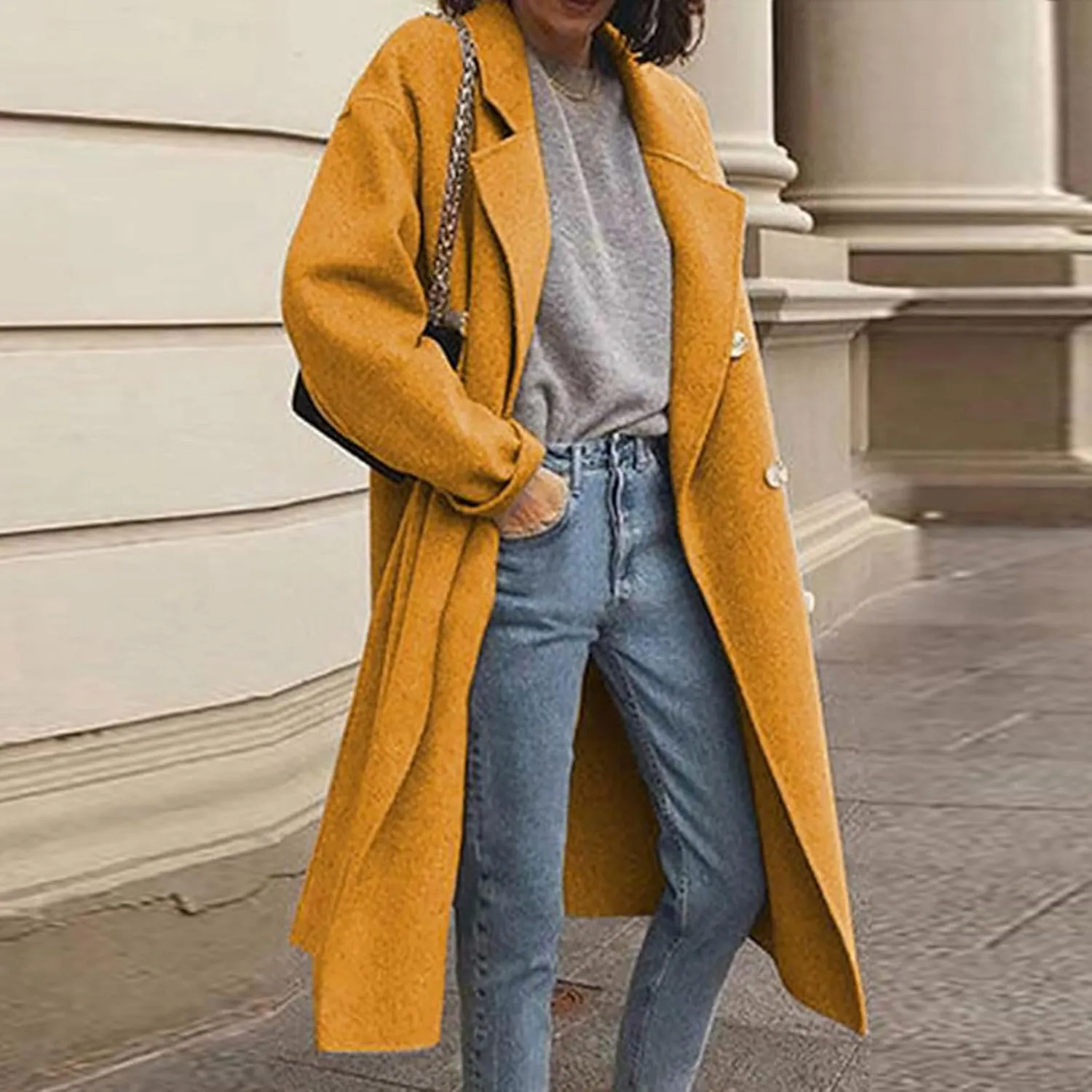 Lmdudan Women's Classic Notched Collar Open Front Cardigan Wool Blend Warm Long Trench Coat Lightweight Fall Outdoor Coats
