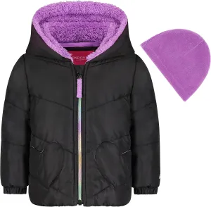LONDON FOG baby girls Quilted Puffer Jacket With Fleece Hat Down Alternative Coat, Black Purple Heart, 18 Months US
