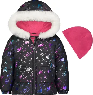 LONDON FOG baby girls Quilted Puffer Jacket With Fleece Hat Down Alternative Coat, Grey Ombre Hearts, 12 Months US