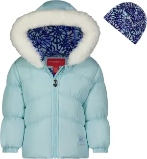 LONDON FOG Baby Girls Toddler Quilted Puffer Winter Jacket With Fleece Hat