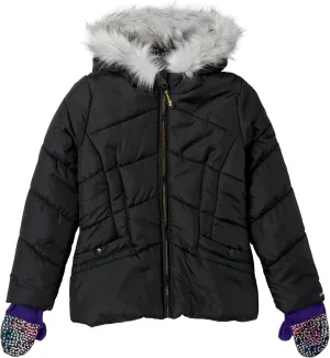 LONDON FOG Girls Toddler Quilted Puffer Winter Jacket With Fleece Hat