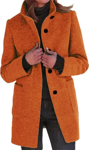 Long Pea Coats for Women Winter Stand Collar Single Breasted Wool Coats Wool Blend Peacoat Thicken Blazer Jacket