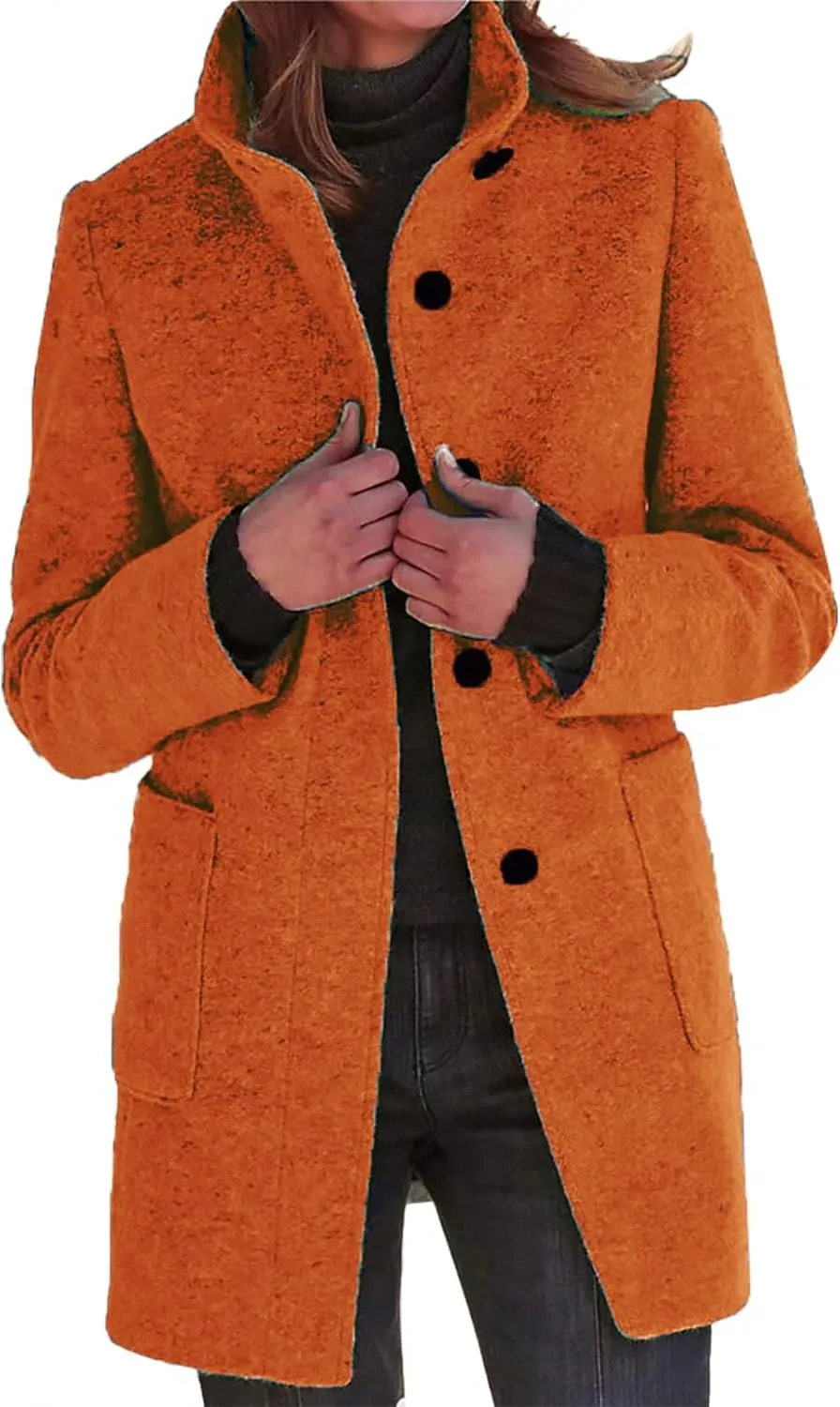 Long Pea Coats for Women Winter Stand Collar Single Breasted Wool Coats Wool Blend Peacoat Thicken Blazer Jacket