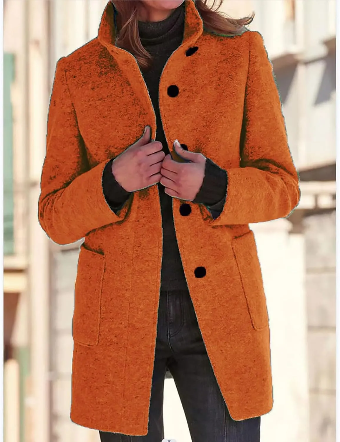 Long Pea Coats for Women Winter Stand Collar Single Breasted Wool Coats Wool Blend Peacoat Thicken Blazer Jacket