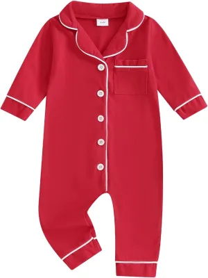 MAINESAKA Baby Onesie Pajamas Chritsmas Sleep Romper Long Sleeve Lapel Collar Button Down One Piece Jumpsuit Pjs Nightwear