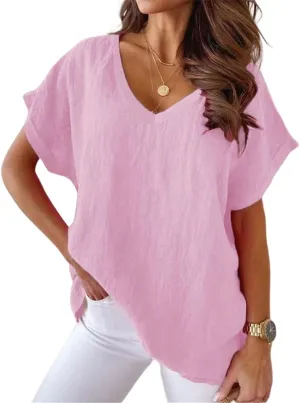 Mayntop Women Plus Size Cotton Linen Solid Color/Print Loose Summer V-Neck T-Shirt Top Short Sleeve Blouse