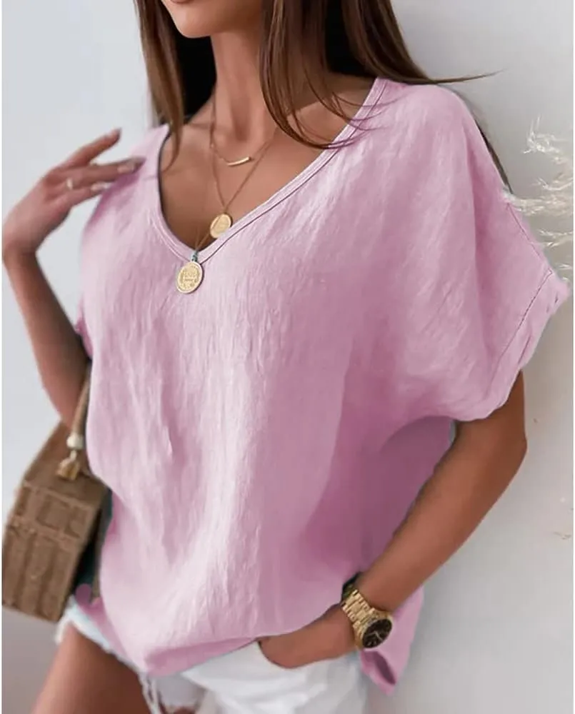 Mayntop Women Plus Size Cotton Linen Solid Color/Print Loose Summer V-Neck T-Shirt Top Short Sleeve Blouse