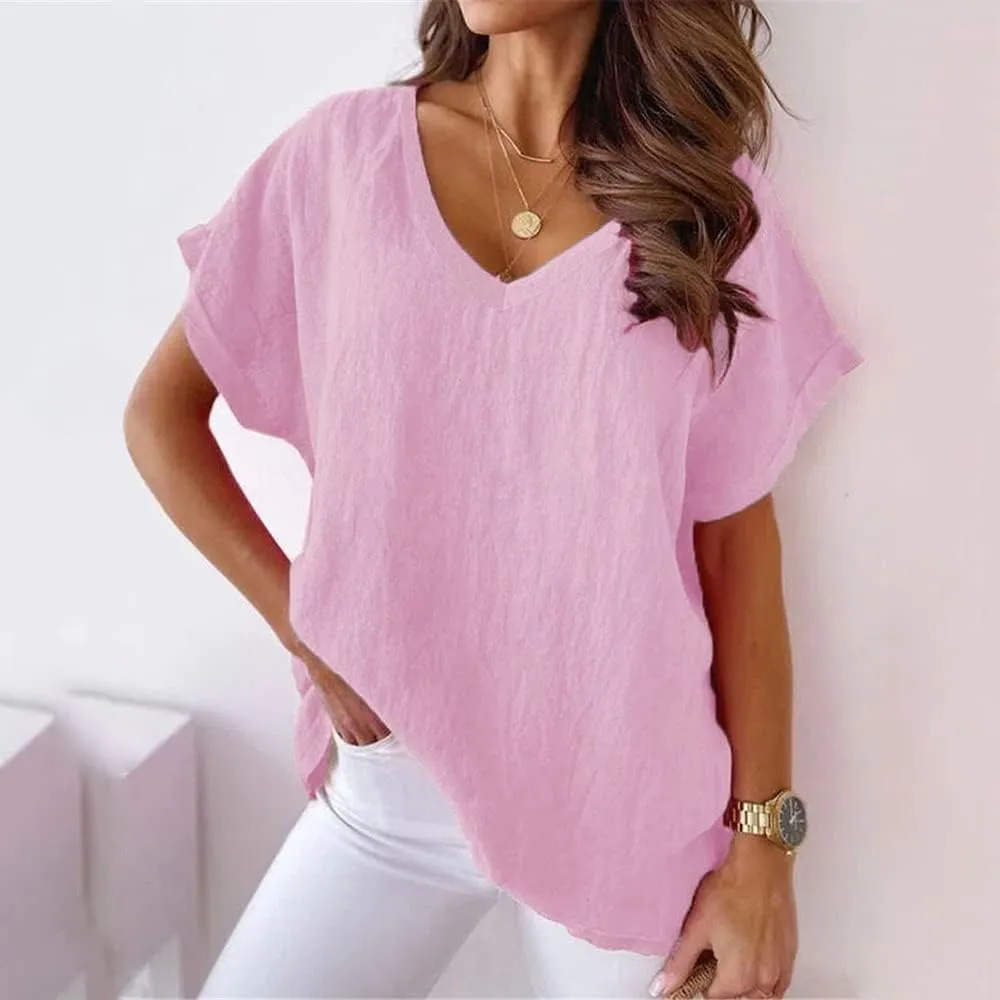 Mayntop Women Plus Size Cotton Linen Solid Color/Print Loose Summer V-Neck T-Shirt Top Short Sleeve Blouse