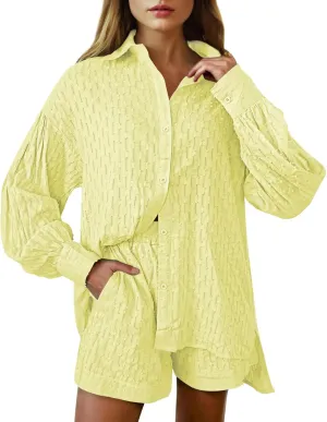Meenew Women's 2 Piece Outfits Long Sleeve Button Down Shirts and Shorts Set Casual Lounge Set Sweatsuits
