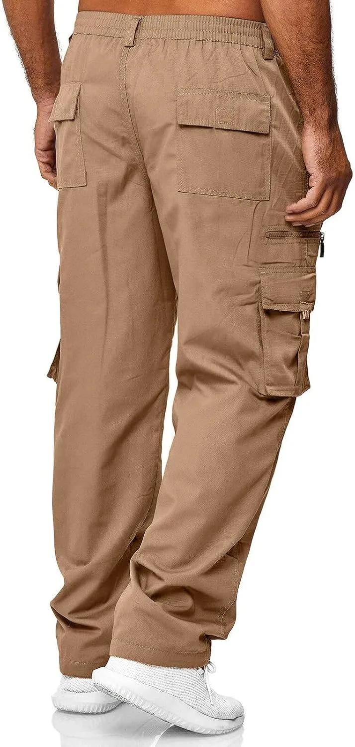 Men Cargo Chino Pants Casual Linen Stretchy Drawstring Waist Pant Sweatpants Joggers Sports Gym Jogging