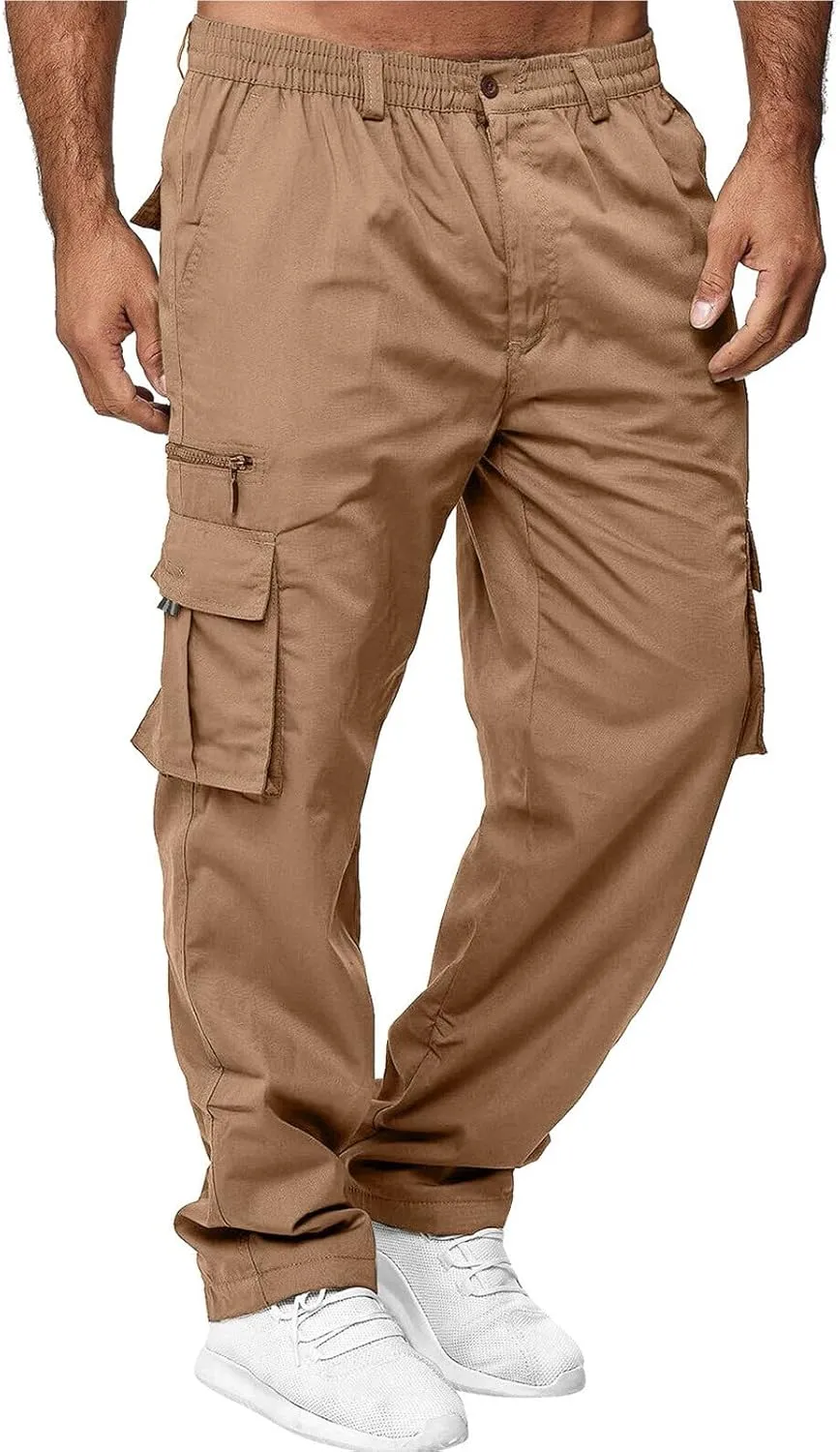 Men Cargo Chino Pants Casual Linen Stretchy Drawstring Waist Pant Sweatpants Joggers Sports Gym Jogging