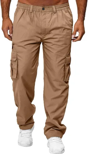 Men Cargo Chino Pants Casual Linen Stretchy Drawstring Waist Pant Sweatpants Joggers Sports Gym Jogging