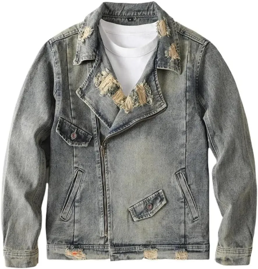 Men High Street Destroyed Jacket Streetwear Vintage Distressed Motorcycle Biker Retro Outerwear