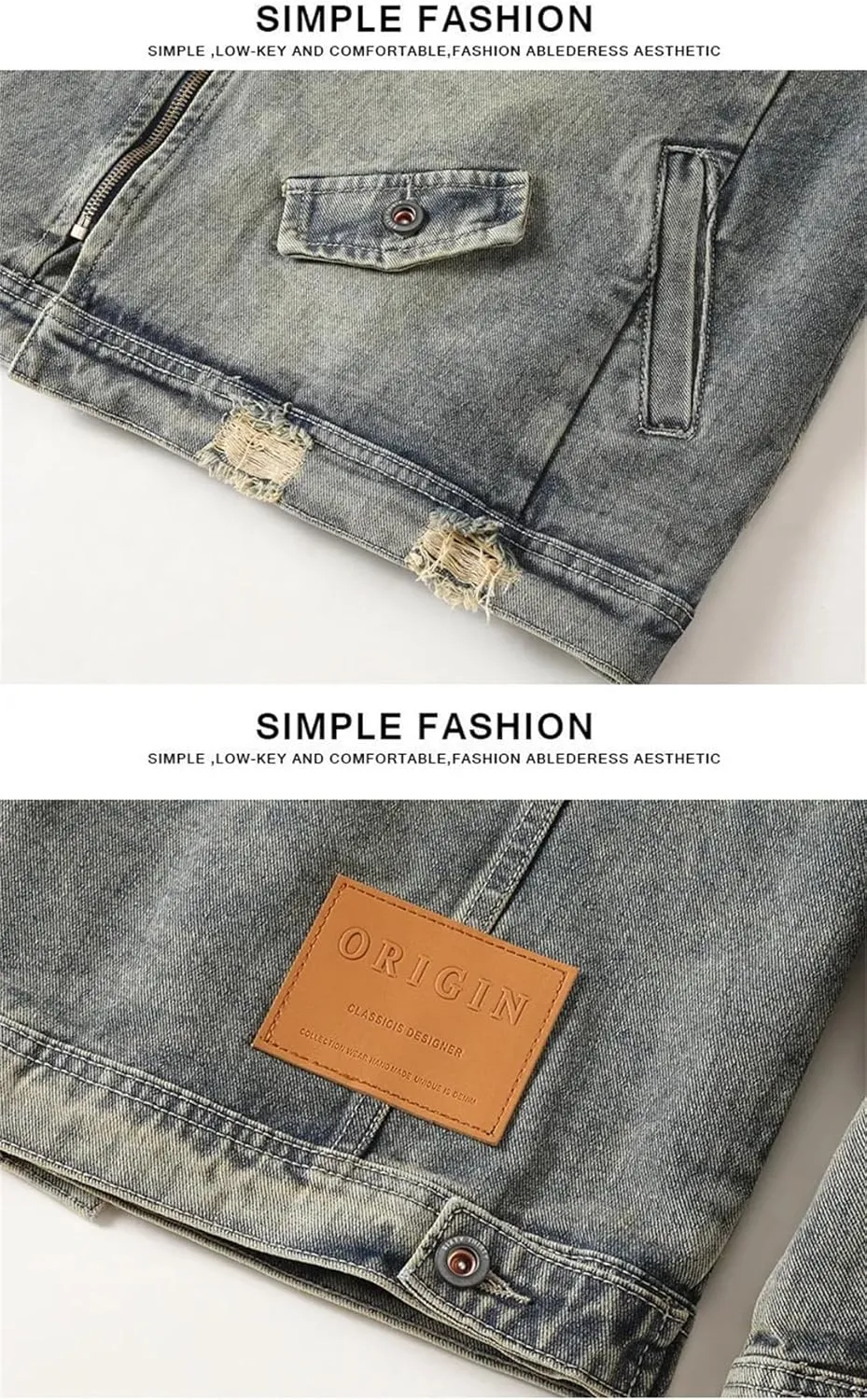 Men High Street Destroyed Jacket Streetwear Vintage Distressed Motorcycle Biker Retro Outerwear