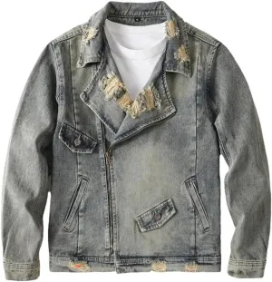 Men High Street Destroyed Jacket Streetwear Vintage Distressed Motorcycle Biker Retro Outerwear