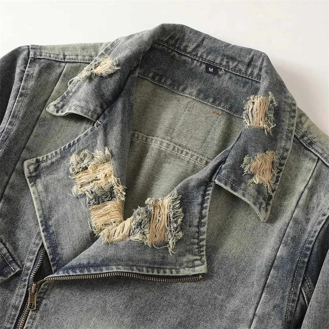 Men High Street Destroyed Jacket Streetwear Vintage Distressed Motorcycle Biker Retro Outerwear