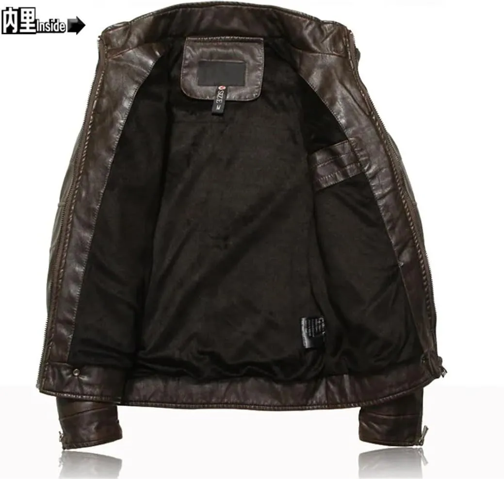 Men Retro Style Leather Jacket Streetwear Outerwear Leather Stand Collar Coat Men's Motorcycle Blazer