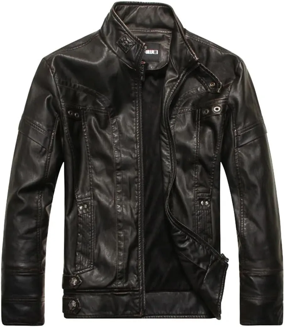 Men Retro Style Leather Jacket Streetwear Outerwear Leather Stand Collar Coat Men's Motorcycle Blazer