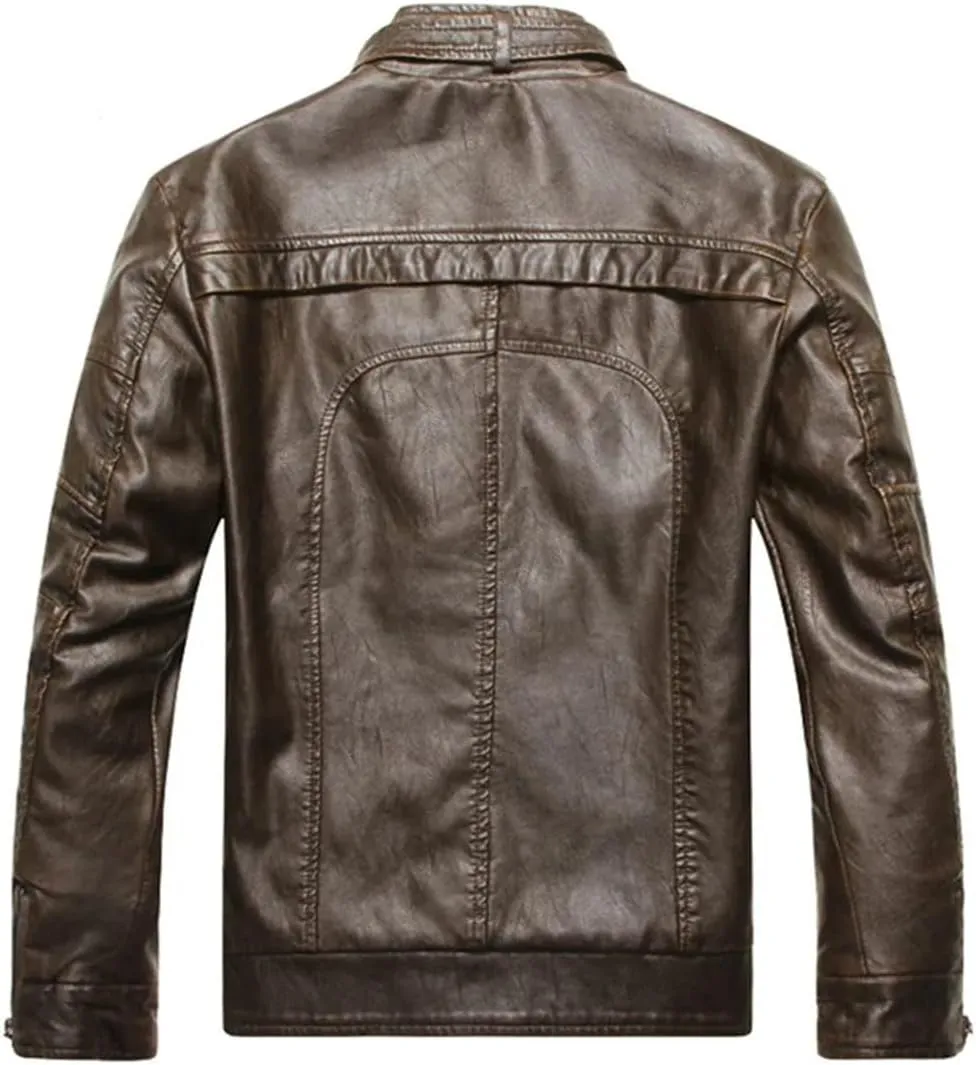 Men Retro Style Leather Jacket Streetwear Outerwear Leather Stand Collar Coat Men's Motorcycle Blazer