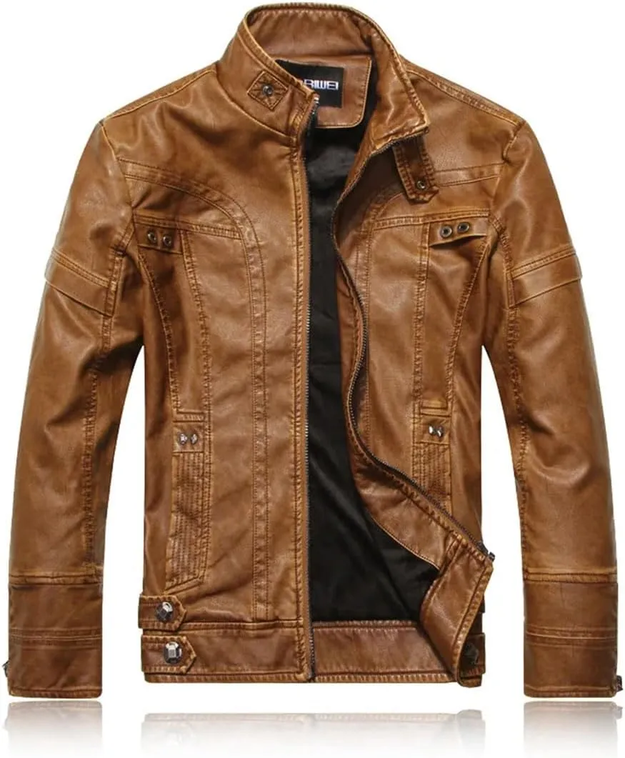 Men Retro Style Leather Jacket Streetwear Outerwear Leather Stand Collar Coat Men's Motorcycle Blazer