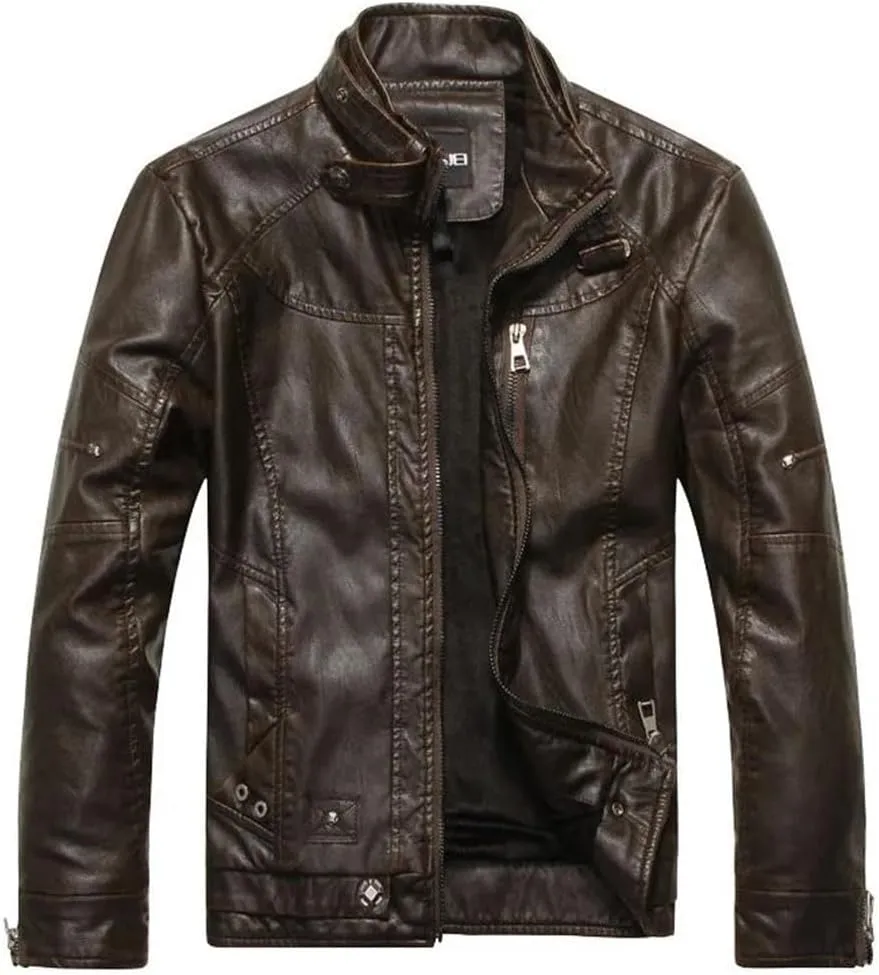 Men Retro Style Leather Jacket Streetwear Outerwear Leather Stand Collar Coat Men's Motorcycle Blazer