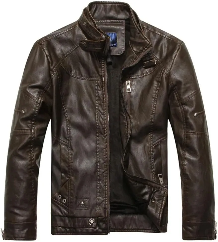 Men Retro Style Leather Jacket Streetwear Outerwear Leather Stand Collar Coat Men's Motorcycle Blazer