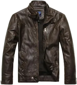 Men Retro Style Leather Jacket Streetwear Outerwear Leather Stand Collar Coat Men's Motorcycle Blazer